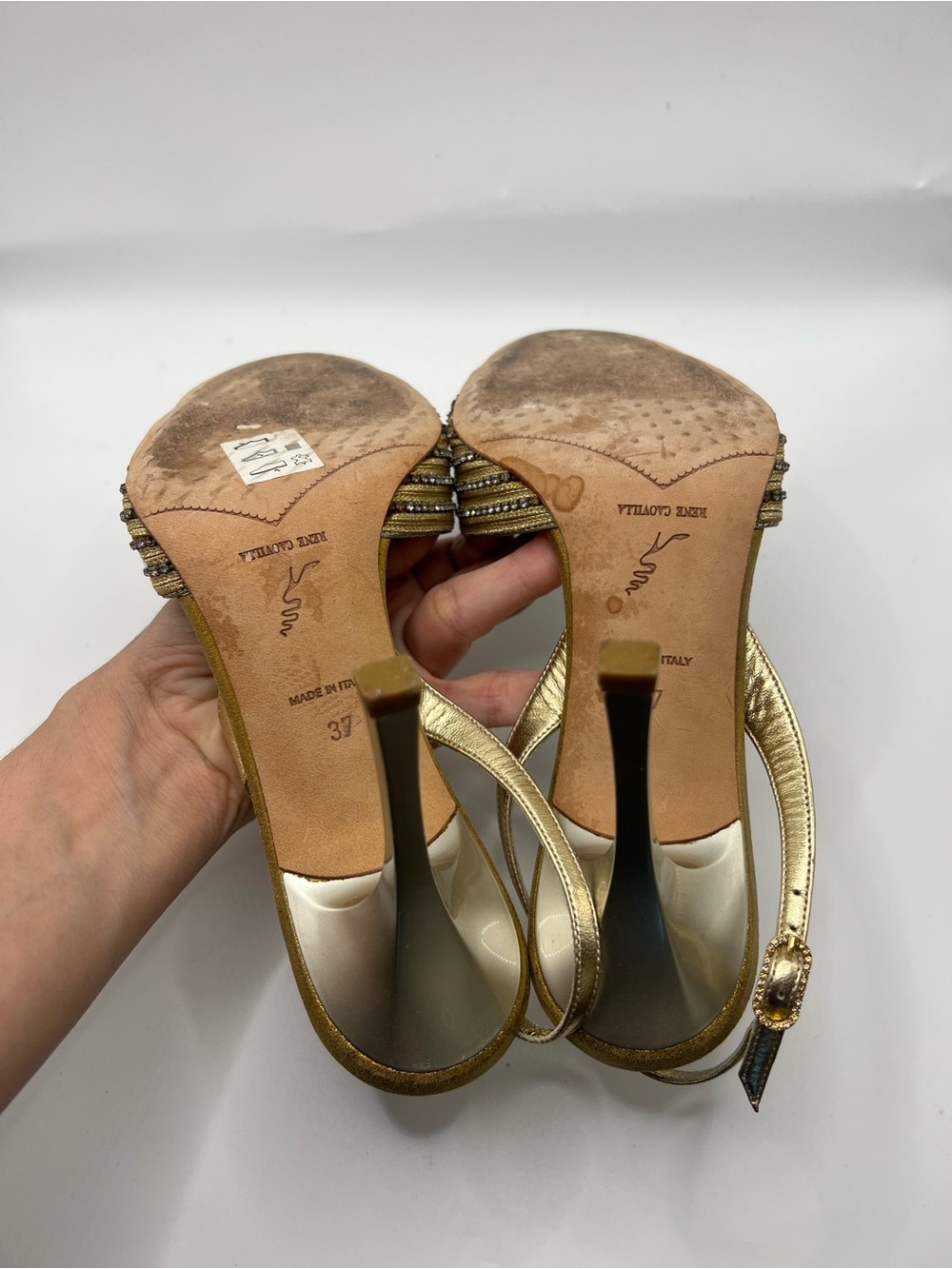 Rene Caovilla Gold Crystal Medallion Slingback Heels - Picture 11 of 15